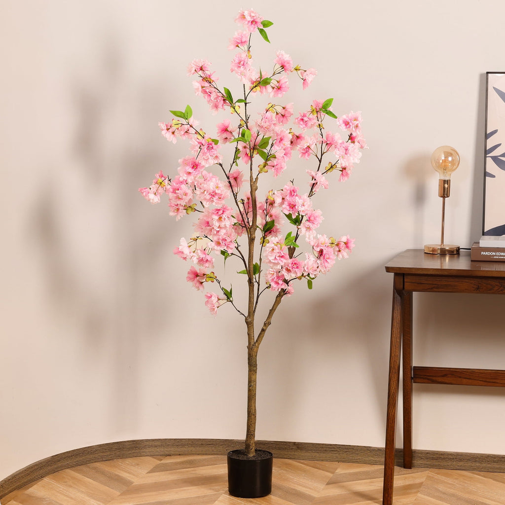 HiPlants 5ft Artificial Pink Cherry Blossom Tree in Black Pot, Faux Wishing Tree Indoor for Garden Office Party Wedding Hotel, Fake Plants for Office Home Decor
