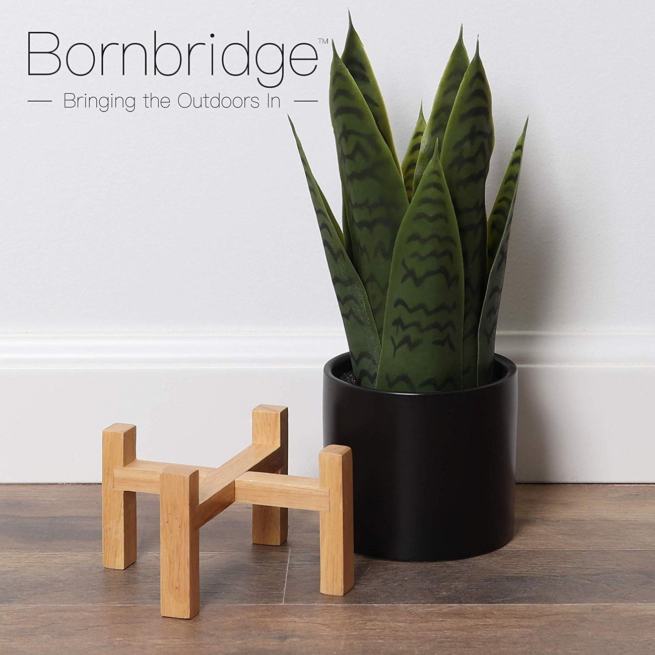 Bornbridge Artificial Snake Plant with Mid Century Plant Stand - Sansevieria Plant in Modern Planter - Small, 1 Pack