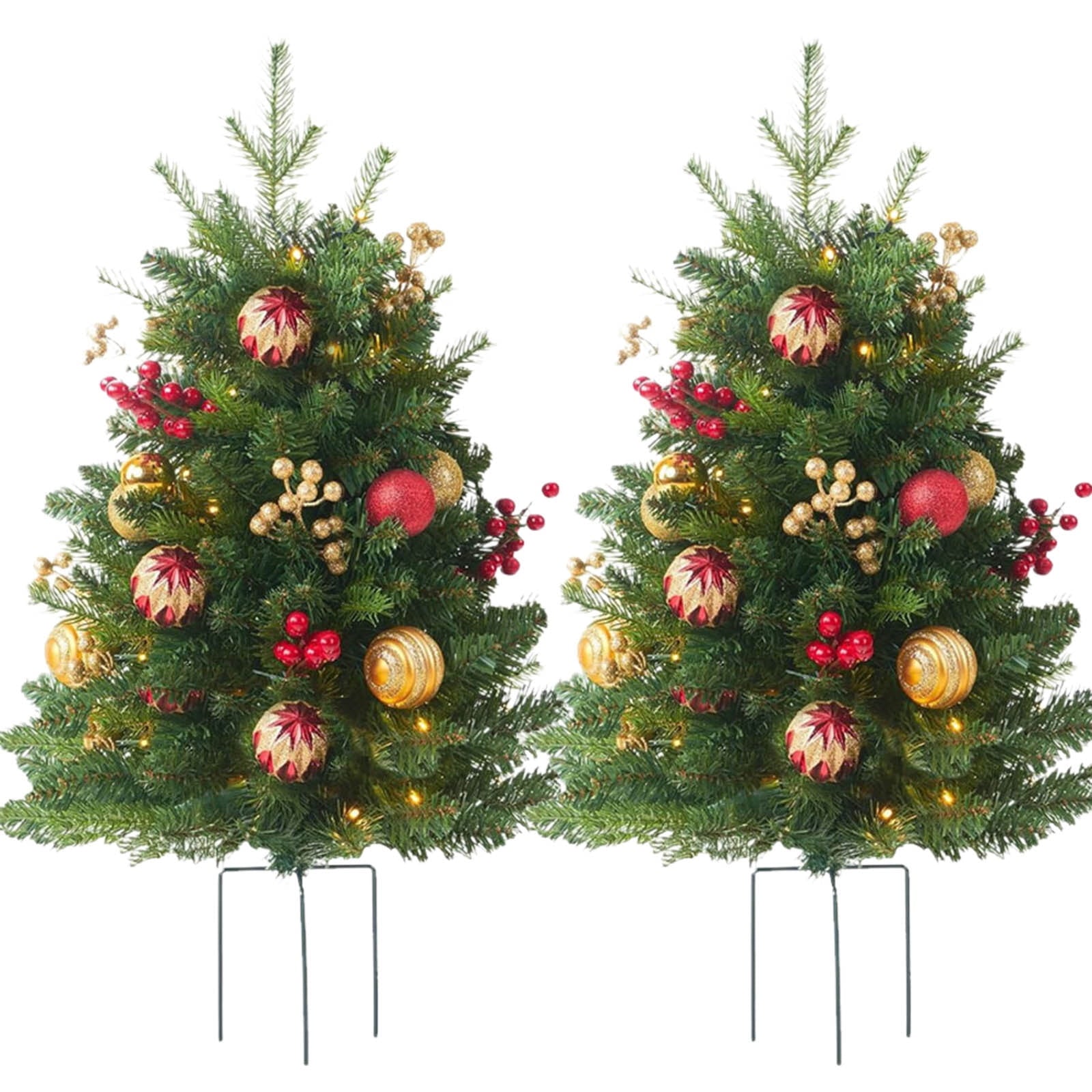BINGTAOHU 2 Pcs Pre-lit Christmas Tree Outdoor Prelit Planter Bushes Christmas Tree Frosted Urn Filler Holiday Planter Filler Small with Warm LED Lights for Porch Pathway Front Door 23.62 In