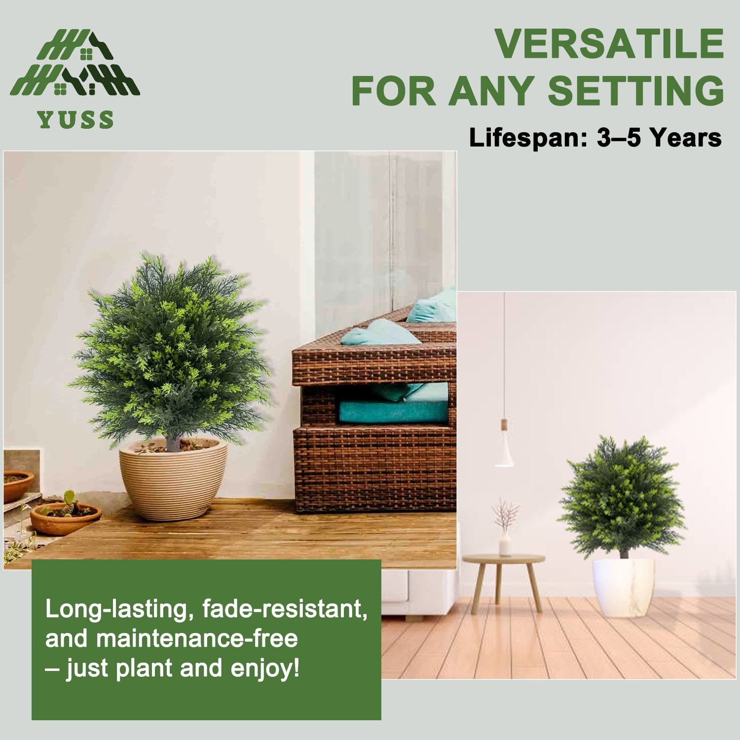 YUSS 21 inch Artificial Cypress Topiary Plants 2 Pack, Faux Cedar Bushes with Ground Spike UV Resistant, Outdoor Fake Shrubs for Front Porch Decor