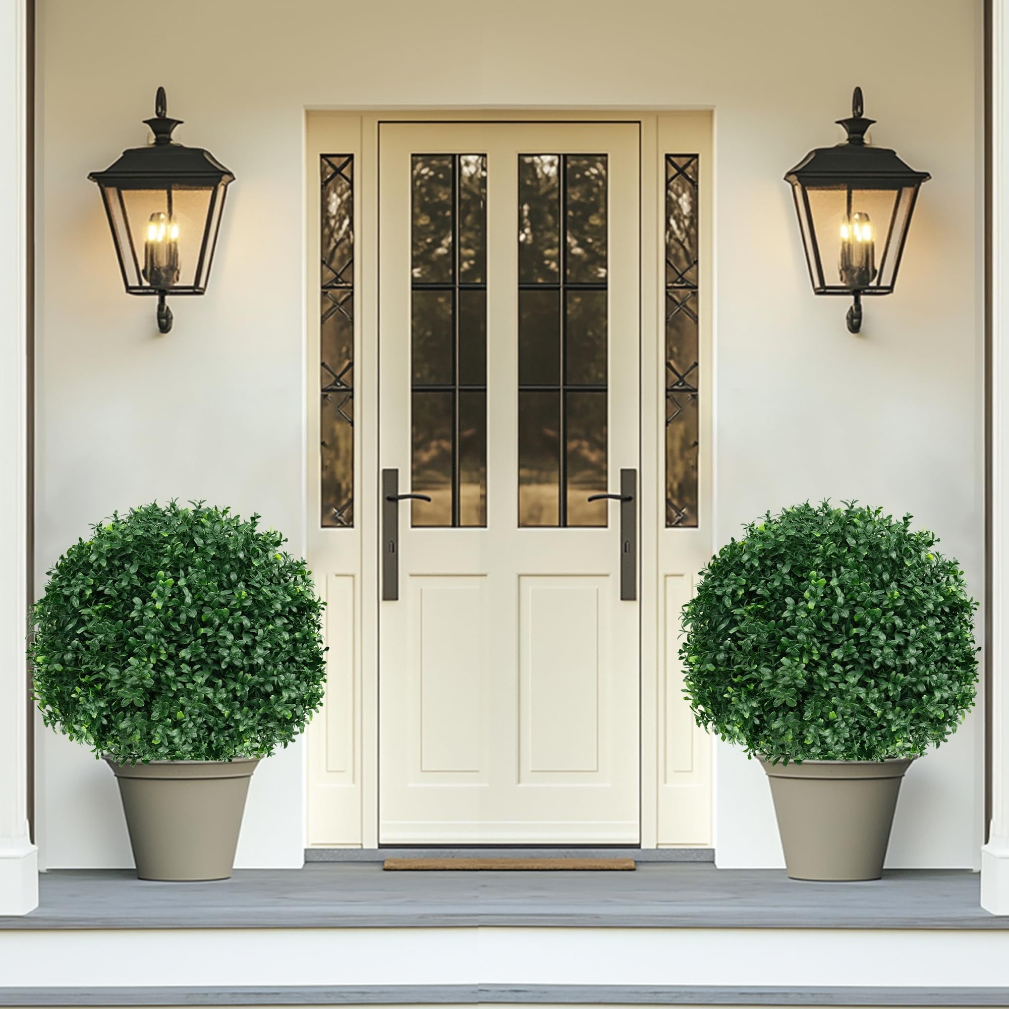 2 16in Artificial Boxwood Sphere Bushes - UV Resistant, with Stakes, Porch/Planter/Indoor Decor