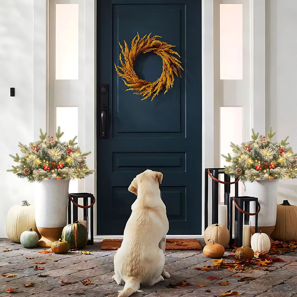 BINGTAOHU 2 Pcs Pre-lit Christmas Tree Outdoor Prelit Planter Bushes Christmas Tree Frosted Urn Filler Holiday Planter Filler Small with Warm LED Lights for Porch Pathway Front Door 23.62 In