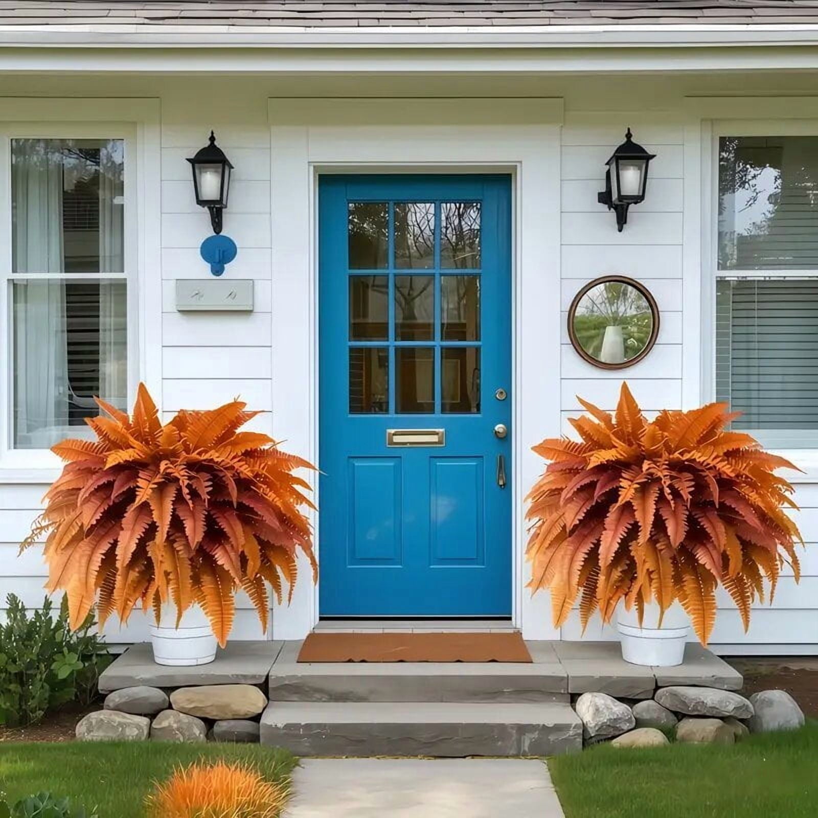 Dremisland Artificial Fall Plants and Ferns for Outdoors - Set of 2 Bouquets 39" Diam Fake Boston Fern Shrubs for Autumn Garden Porch Decor (Fall-2PCS)